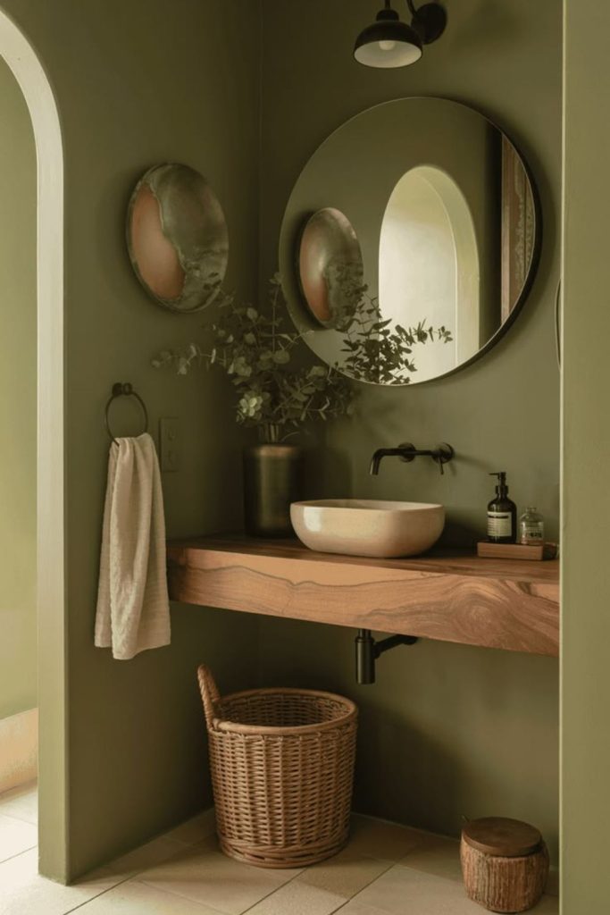 Earthy olive green powder room.