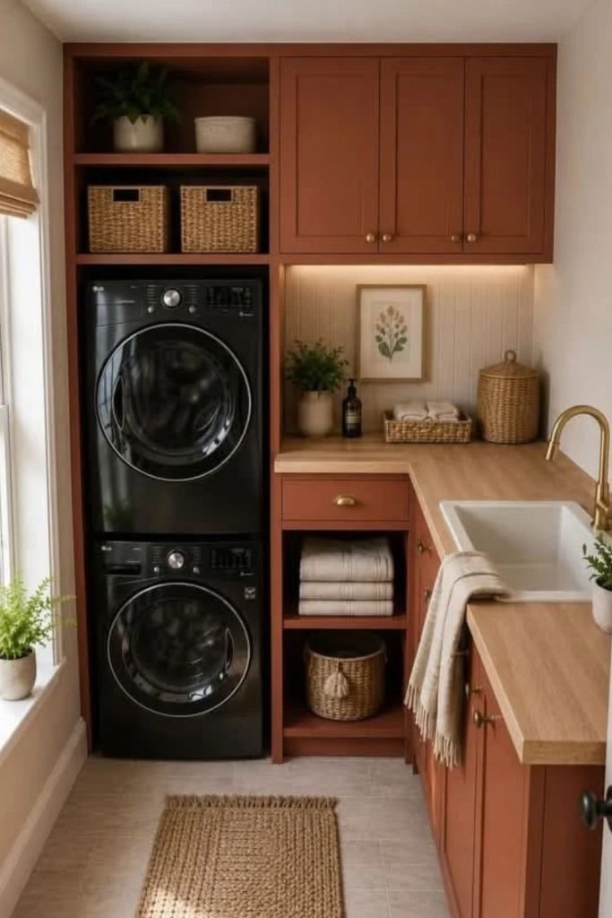 Earthy terracotta utility room design.