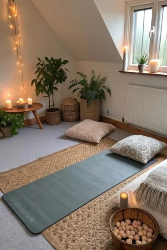 Earthy loft wellness room interior