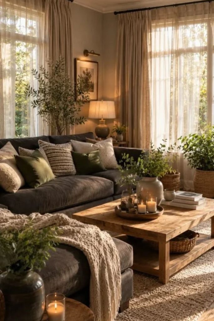 Earthy woodland living room with greenery.