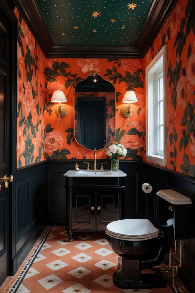 Eclectic collector-style powder room decor.