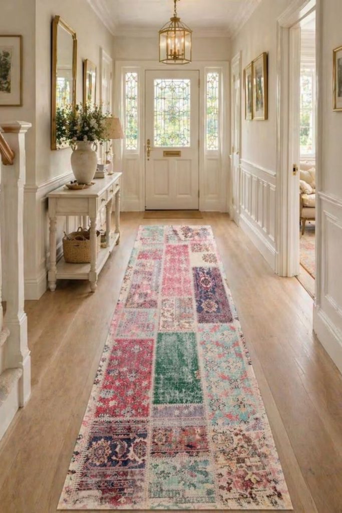 Eclectic patchwork hallway runner decor.