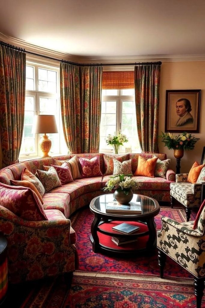 Eclectic patterned curved sofa centerpiece.