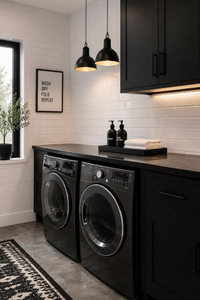 Elegant black and white utility room.