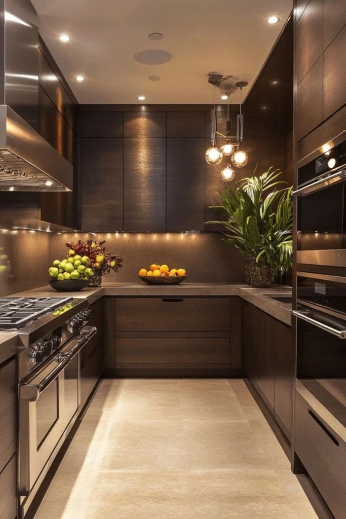 Elegant chocolate brown galley kitchen