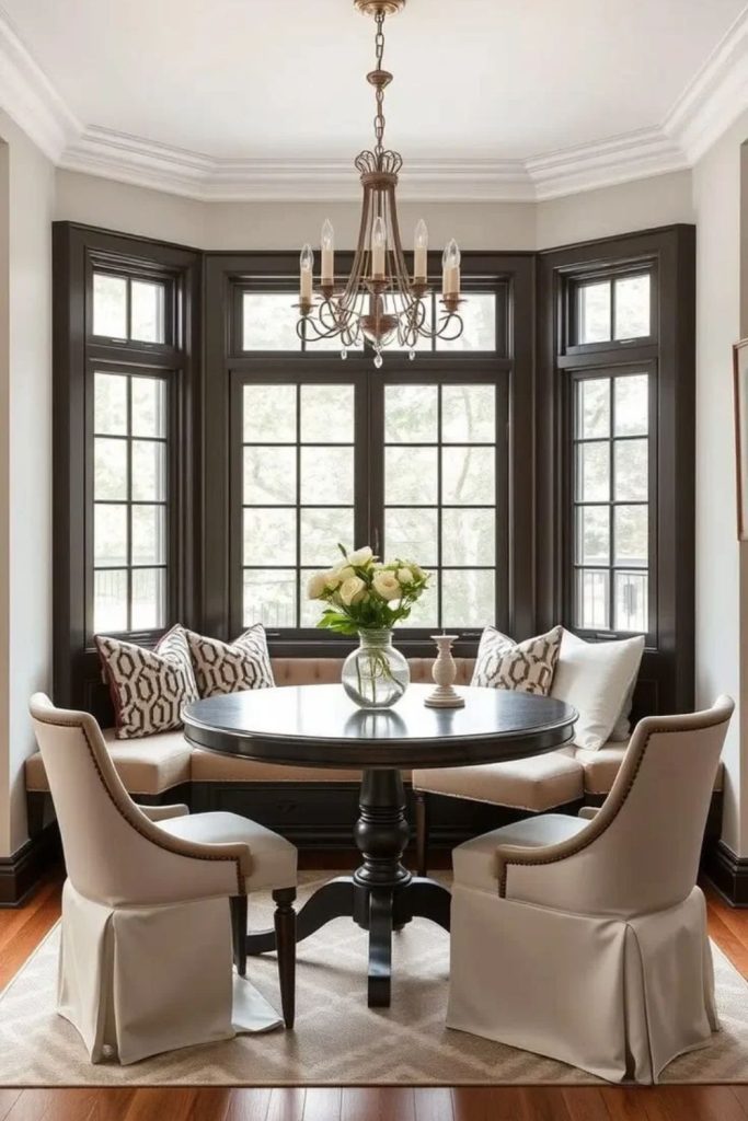 Elegant bay window dining area.