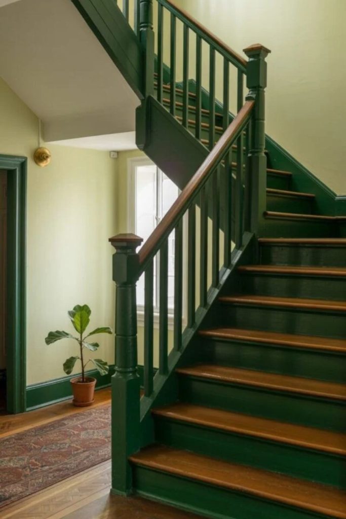Emerald green staircase with brass accents.