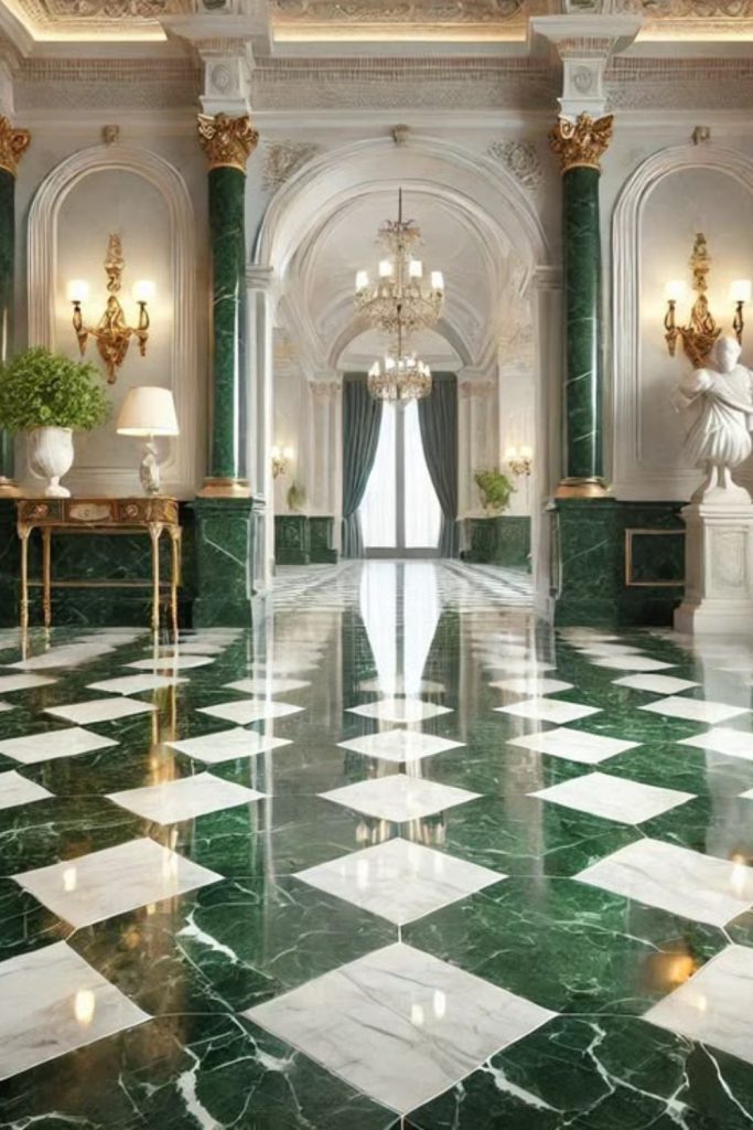 Emerald ivory luxurious checkerboard floor.