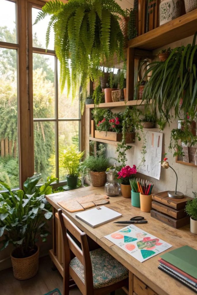 Enchanted garden craft room with greenery.