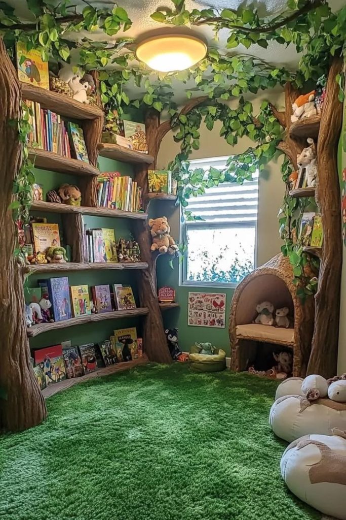 Enchanted woodland playroom with tent.
