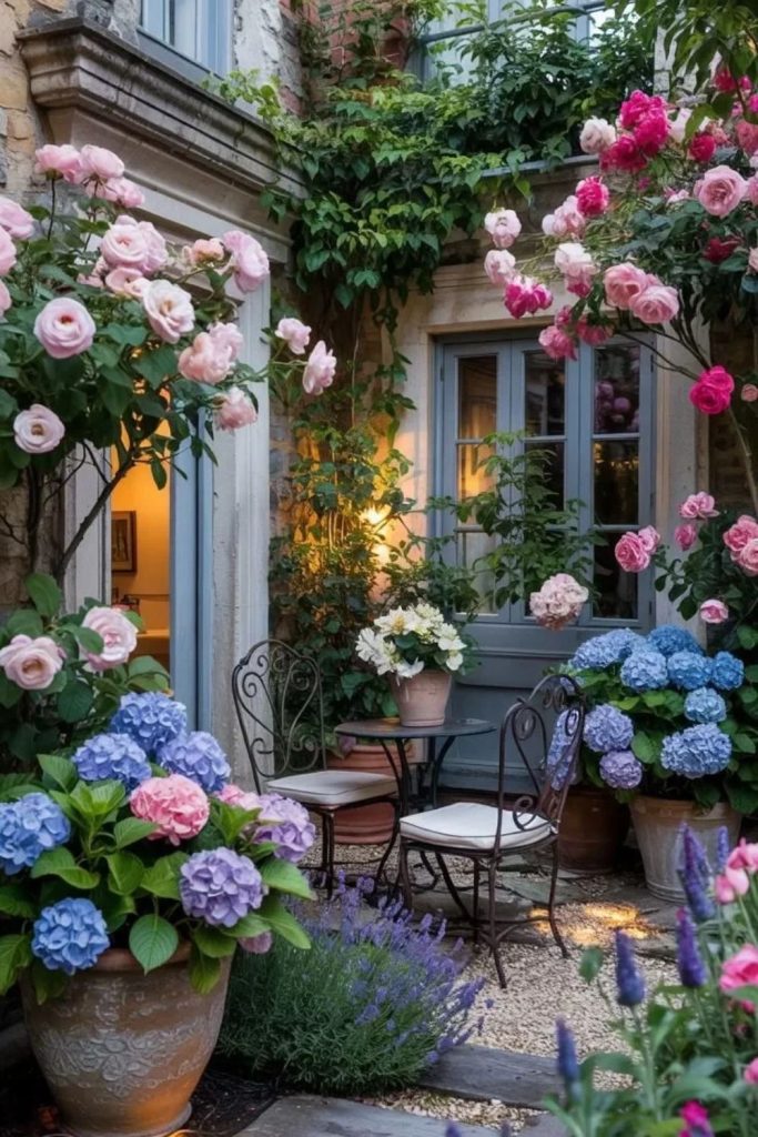 English cottage courtyard with blooming roses.