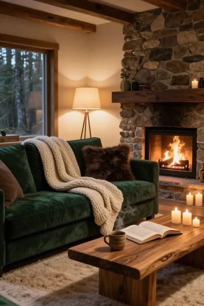 Evergreen green living room with fireplace.
