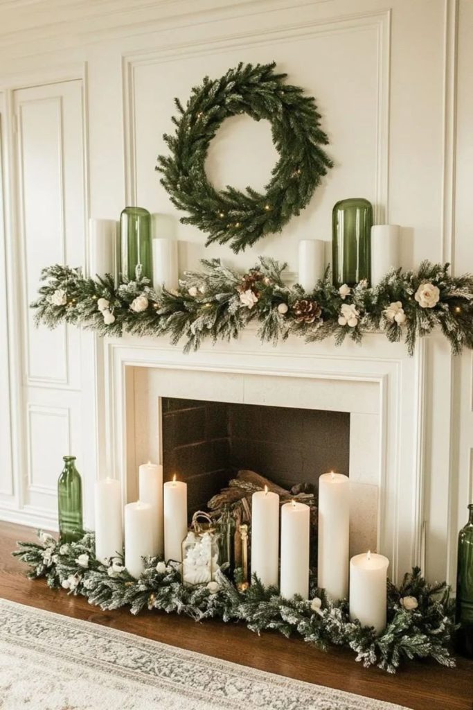Elegant evergreen Christmas mantel with ribbons.