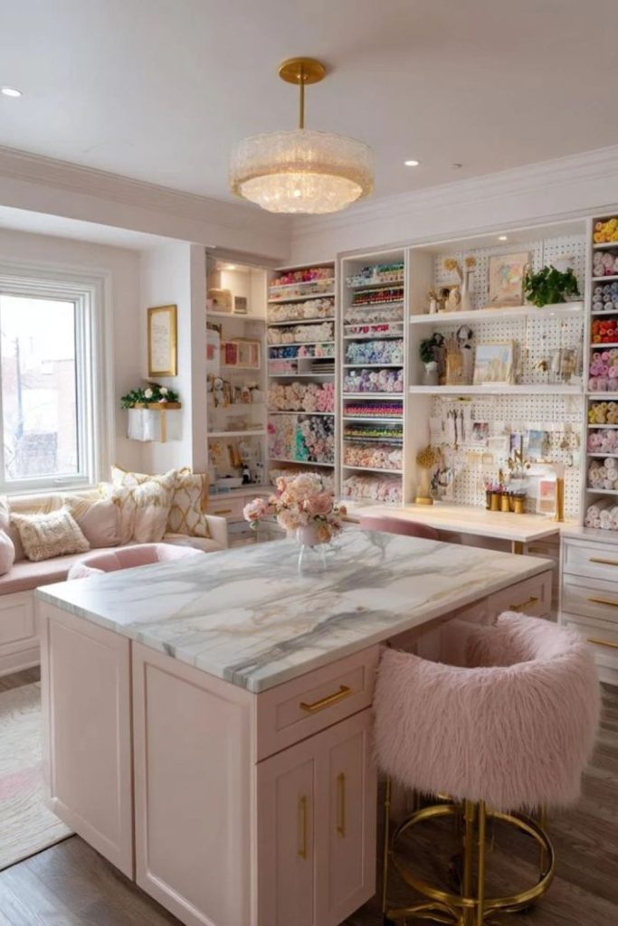 Fabric craft room with colorful textiles.