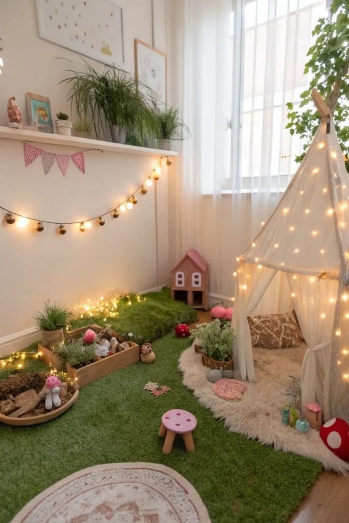 Whimsical fairy garden children's playroom.