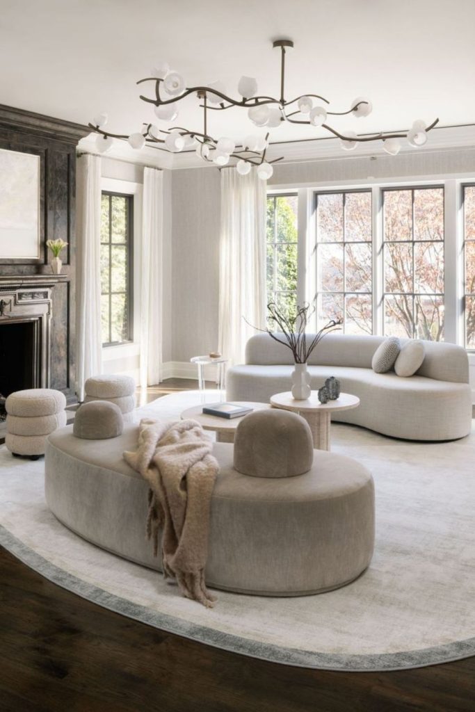 Family-friendly curved sofa living space.