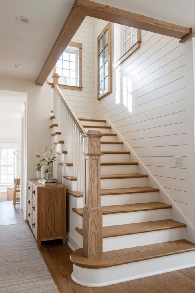 Farmhouse staircase with rustic wooden steps.