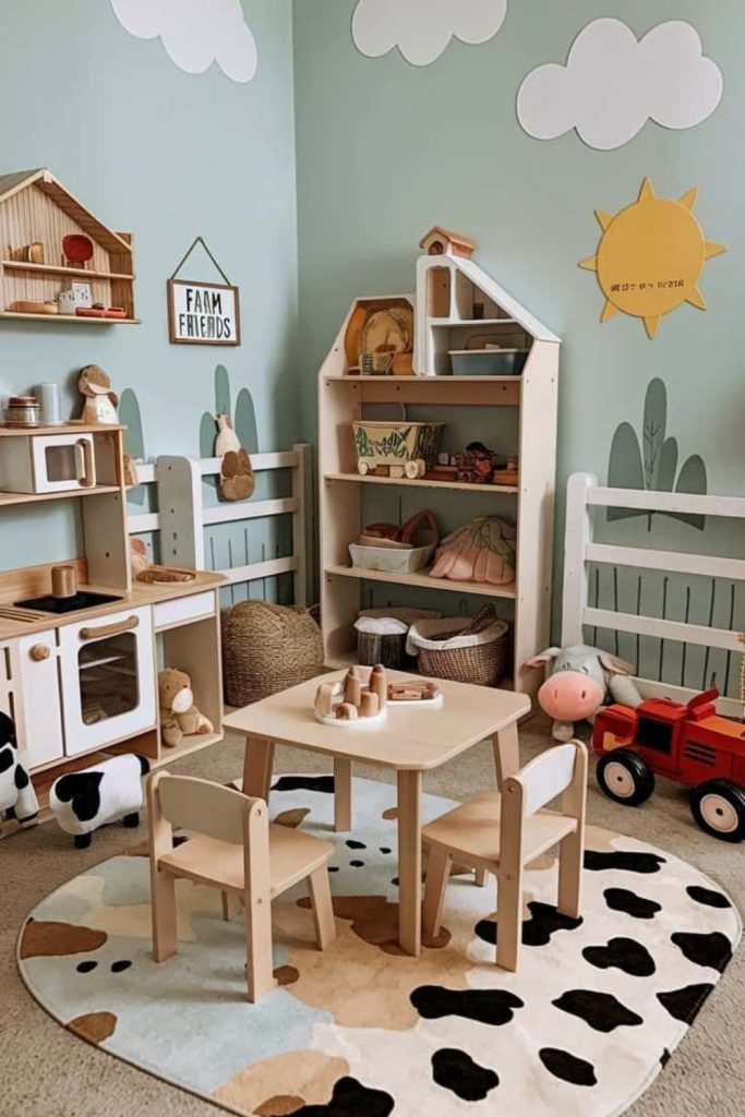 Rustic farmhouse-inspired kids playroom.