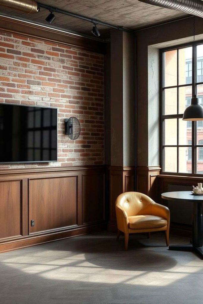 Faux brick industrial wall paneling.