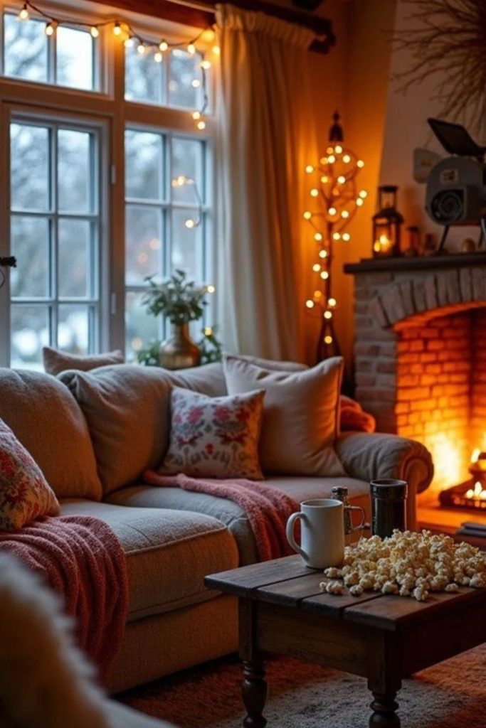 Cottage living room with fireplace accents.