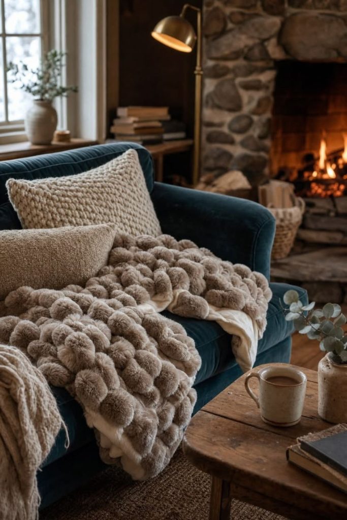 Cozy velvet living room with fireplace.