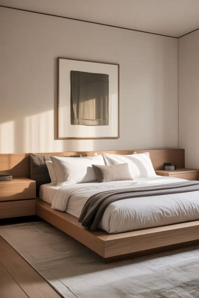 Floating Nordic bed in minimalist room.