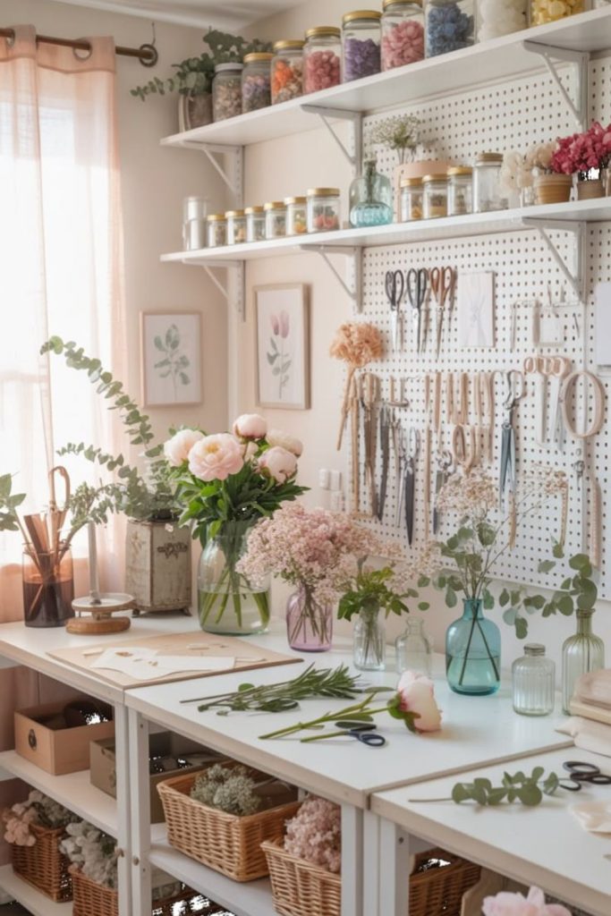 Floral arrangement studio with botanical supplies.