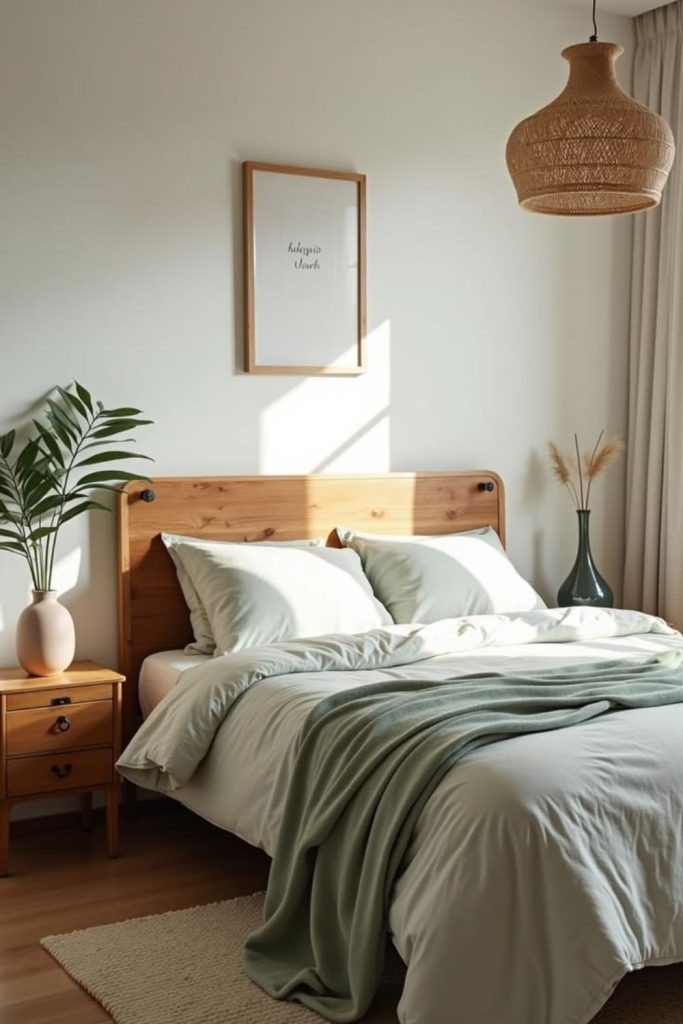 Forest-inspired Nordic bedroom with green accents.
