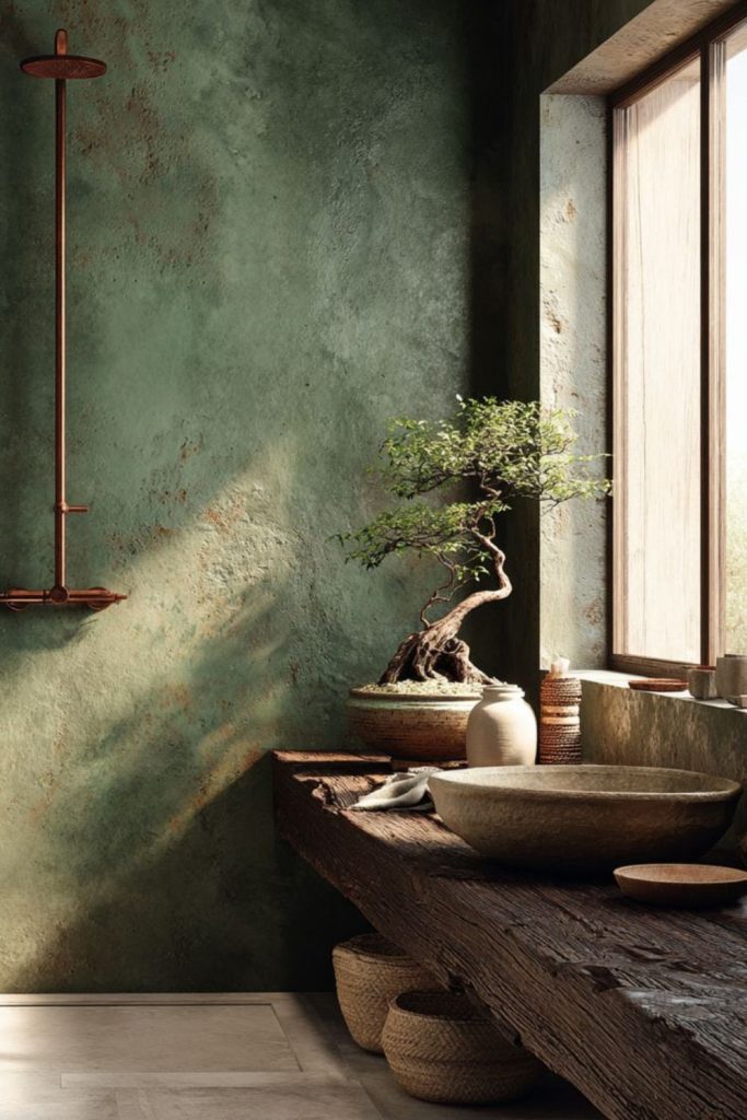 Forest moss green limewash wall.