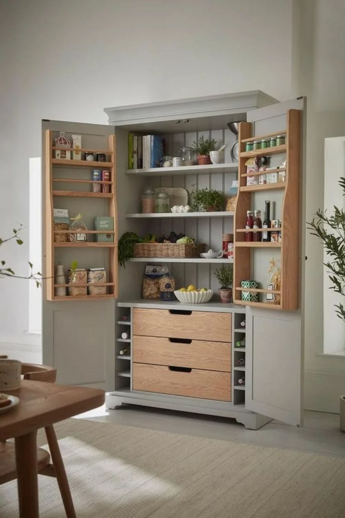 Freestanding farmhouse larder with timber shelves.
