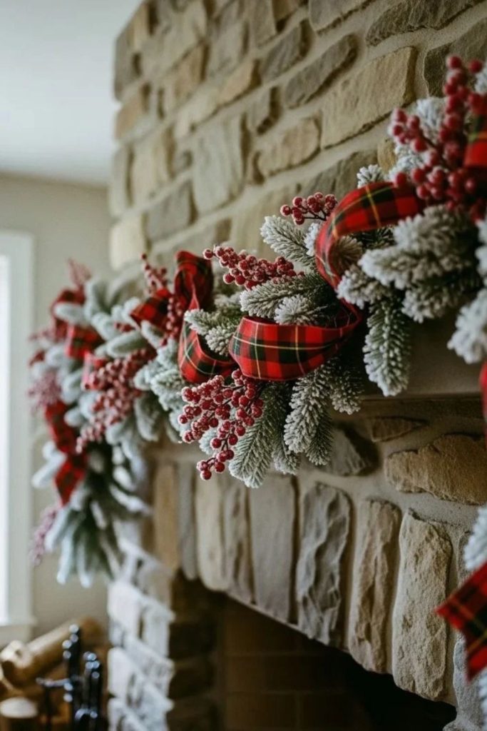 Frosted berry Christmas mantel garden display.