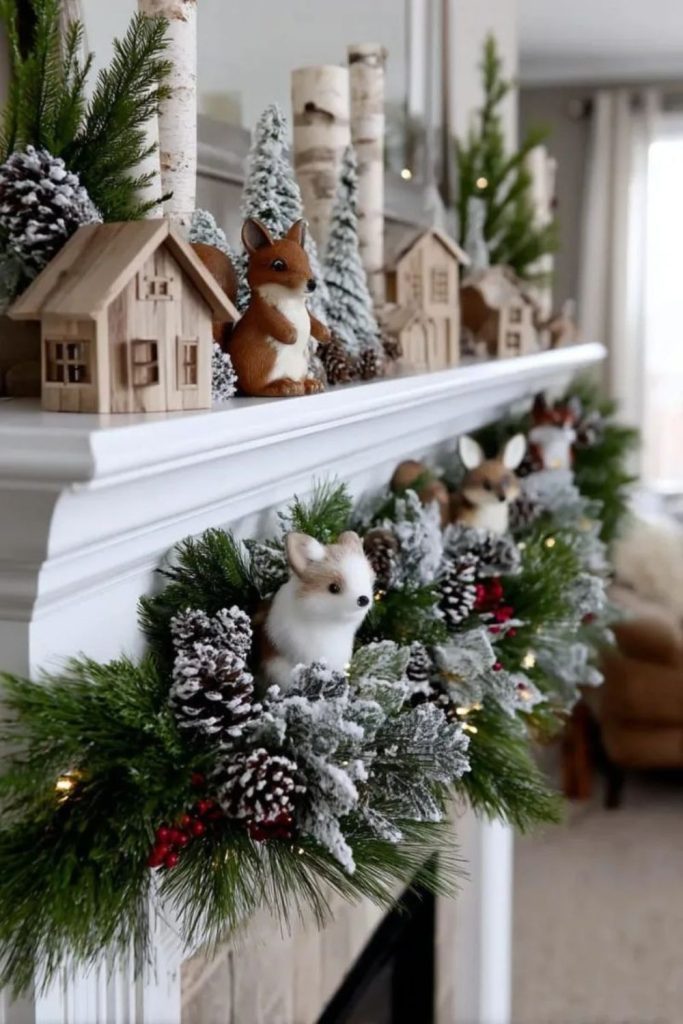 Frosted forest Christmas mantel with woodland accents.