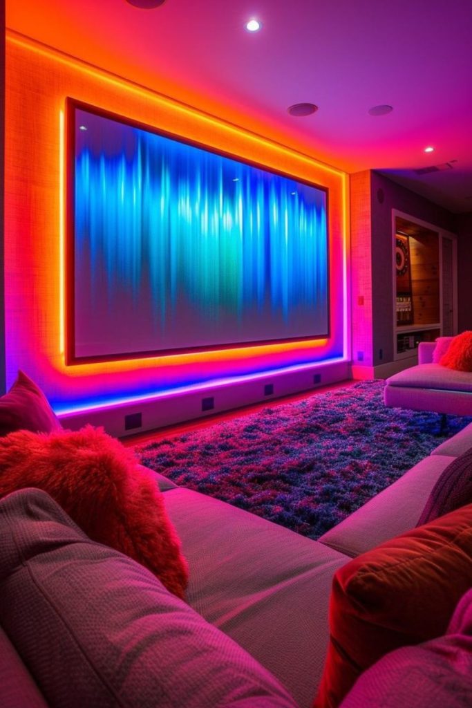 Futuristic neon-lit home cinema room.