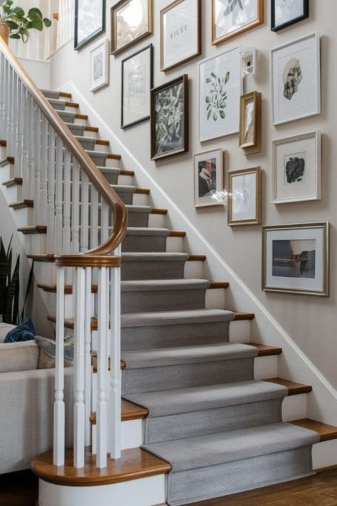 Gallery staircase with framed artwork display.