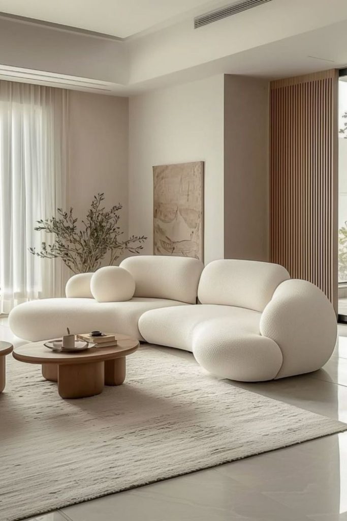 White curved sofa in gallery interior.