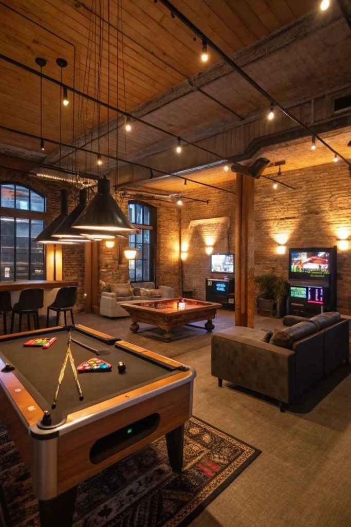 Industrial loft inspired gaming room