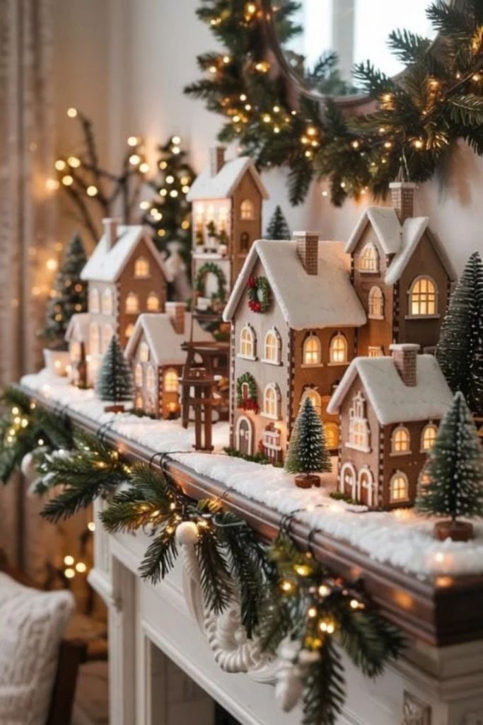 Whimsical gingerbread village Christmas mantel décor.