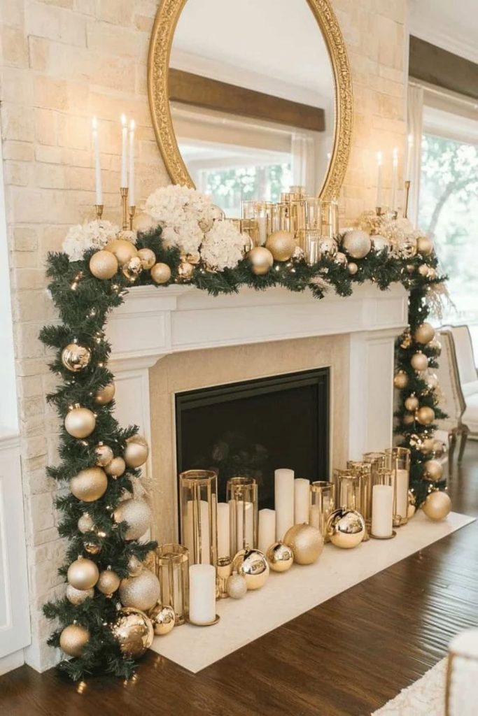 Glamorous gold Christmas mantel with ornaments.
