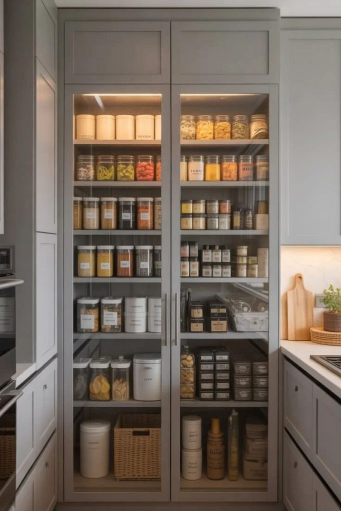 Glass door pantry displaying organized jars.