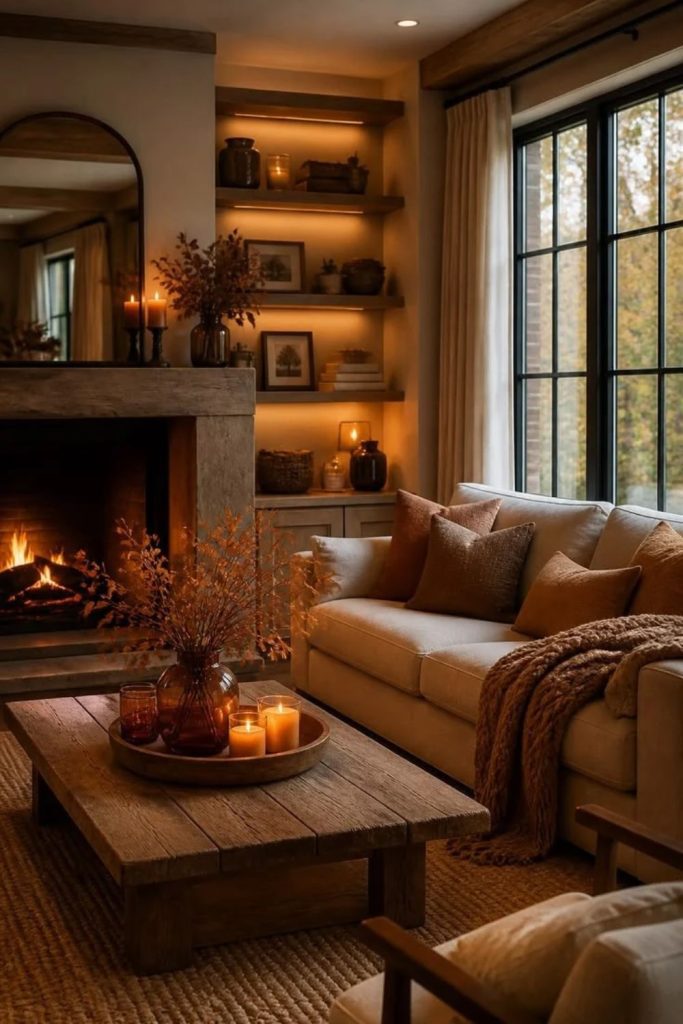 Golden amber winter living room decor.