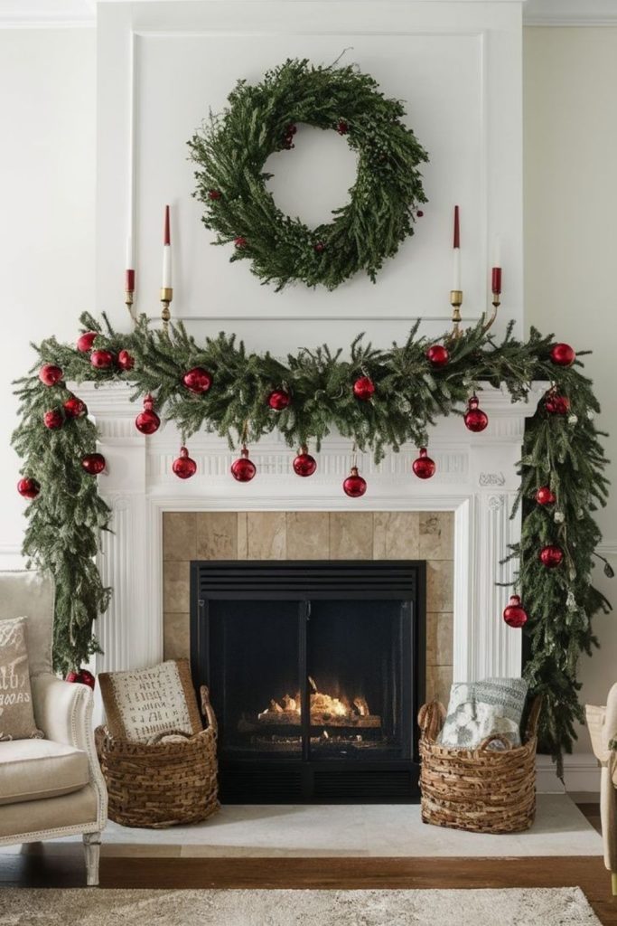 Grand Christmas mantel with oversized garland.