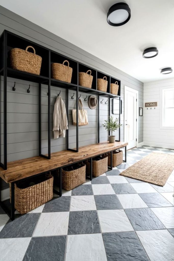 Modern graphite white checkerboard floor.