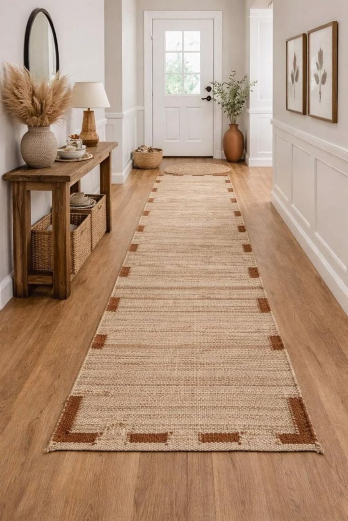 Neutral handwoven hallway runner decor.