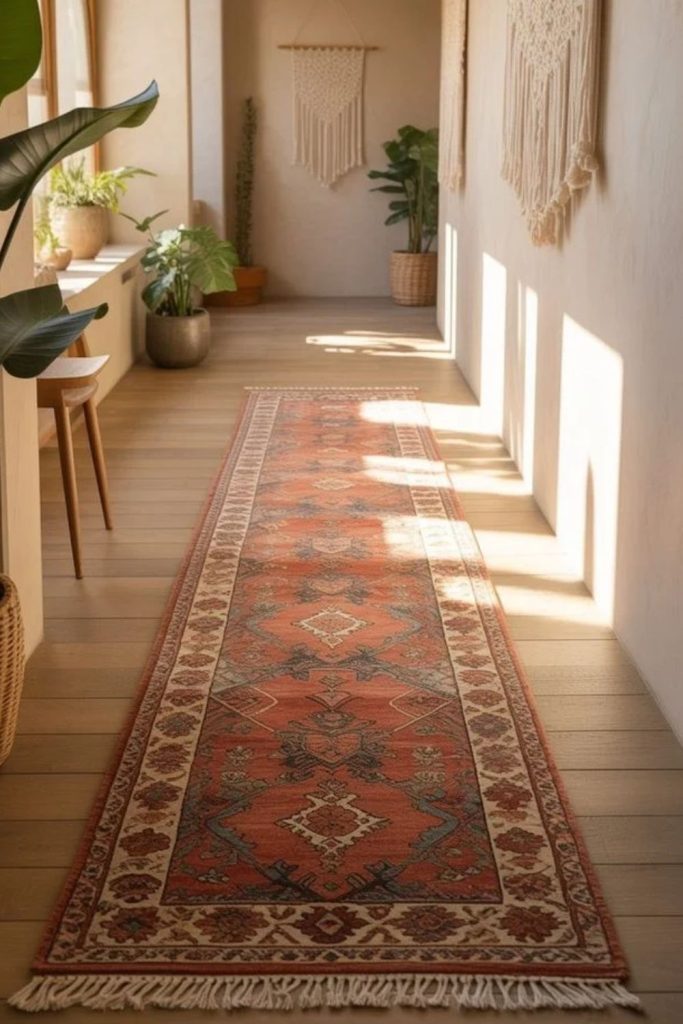 Traditional woven hallway runner decor.
