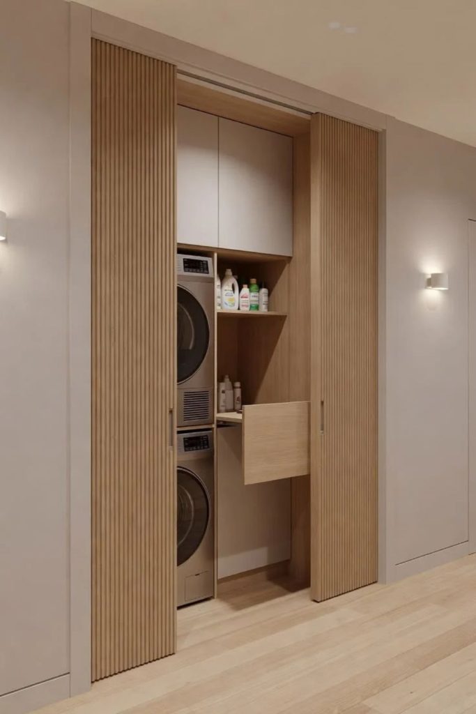 Hidden laundry nook with storage.