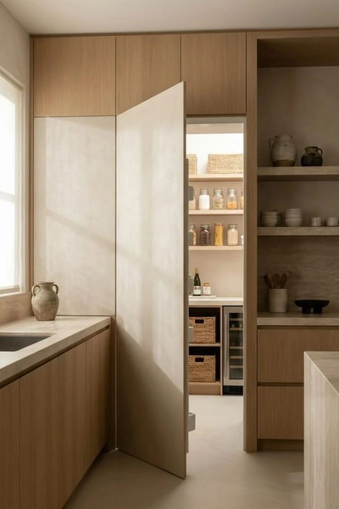 Hidden larder behind matching kitchen cabinetry.