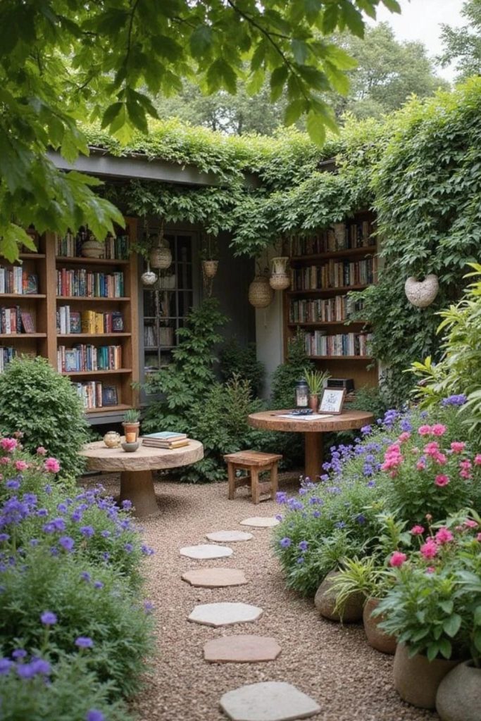 Hidden courtyard reading nook surrounded by greenery.