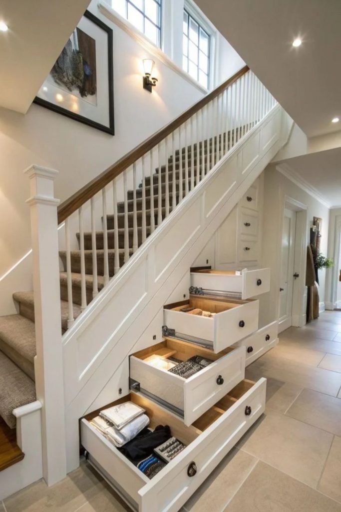 Hidden storage staircase with built-in drawers.