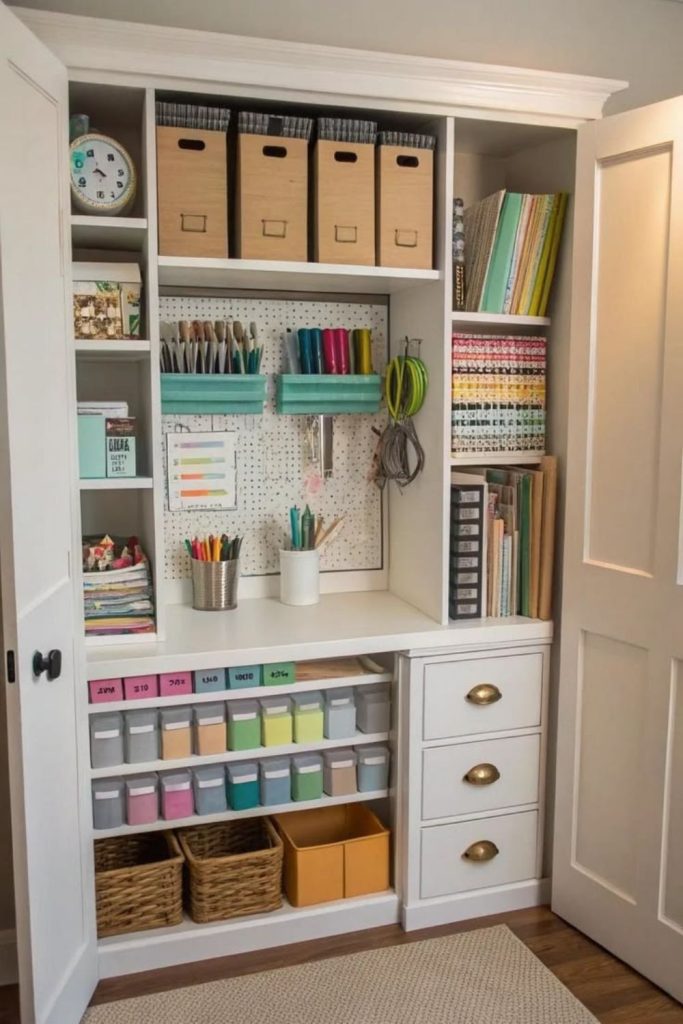 Hidden storage craft room with cabinets.
