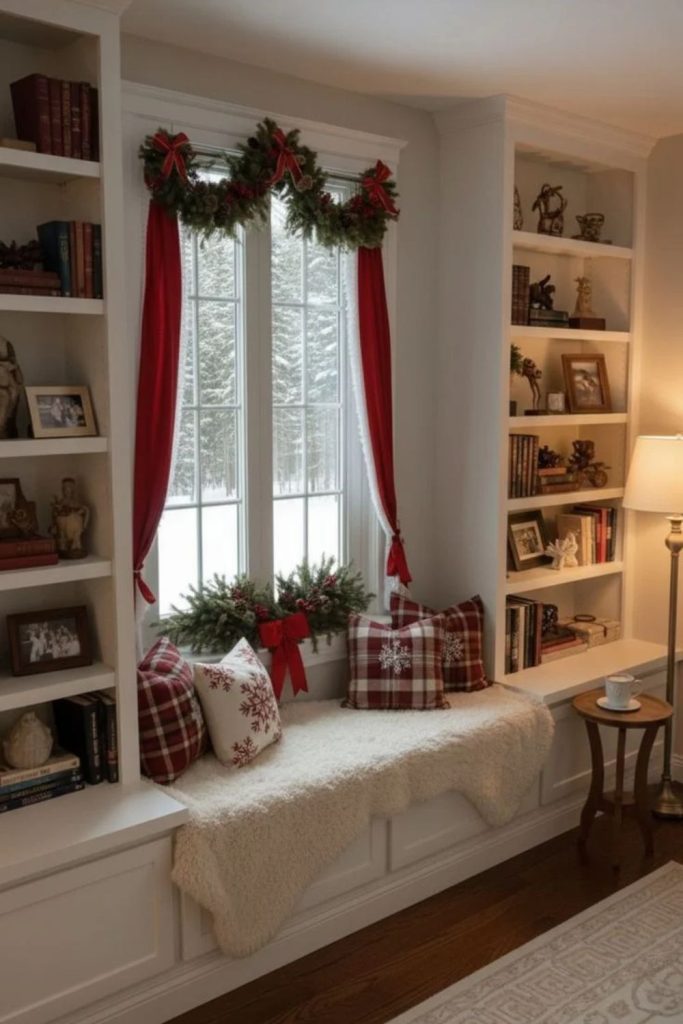 Festive seasonal bay window decorations.